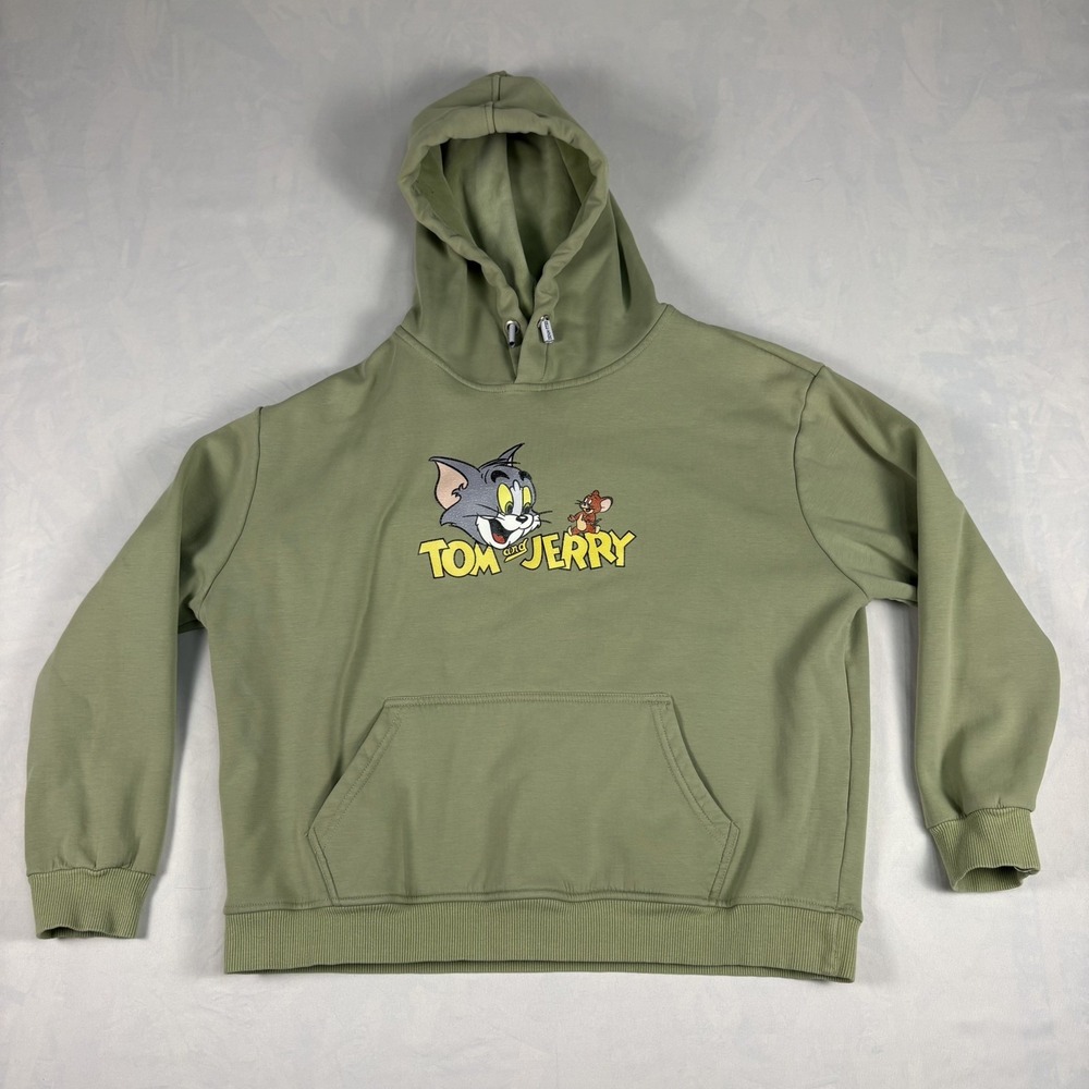 Tom and Jerry Cropped Oversized Hoodie Womens M Sage Green Fleece Lined Graphic